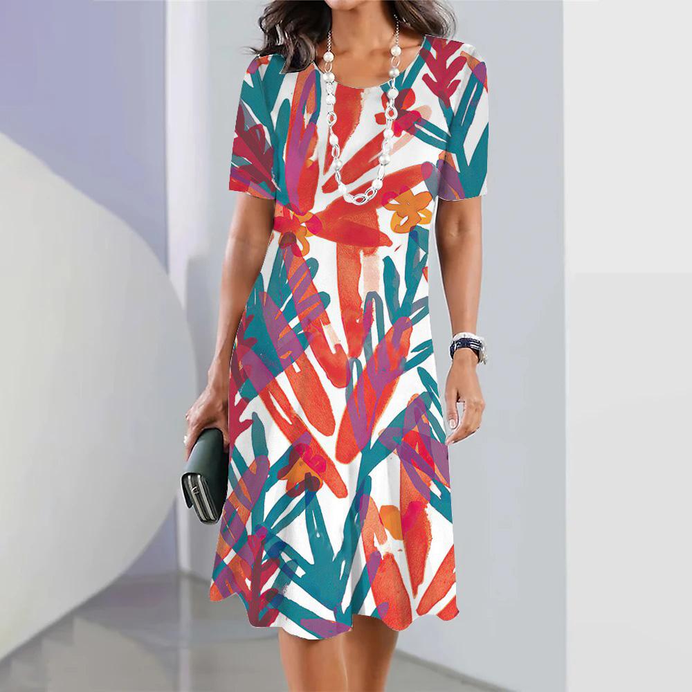 Summer Women's Fashion Round Neck Short-sleeved A-line Dress 3d Colorful Printing Casual Loose Dress