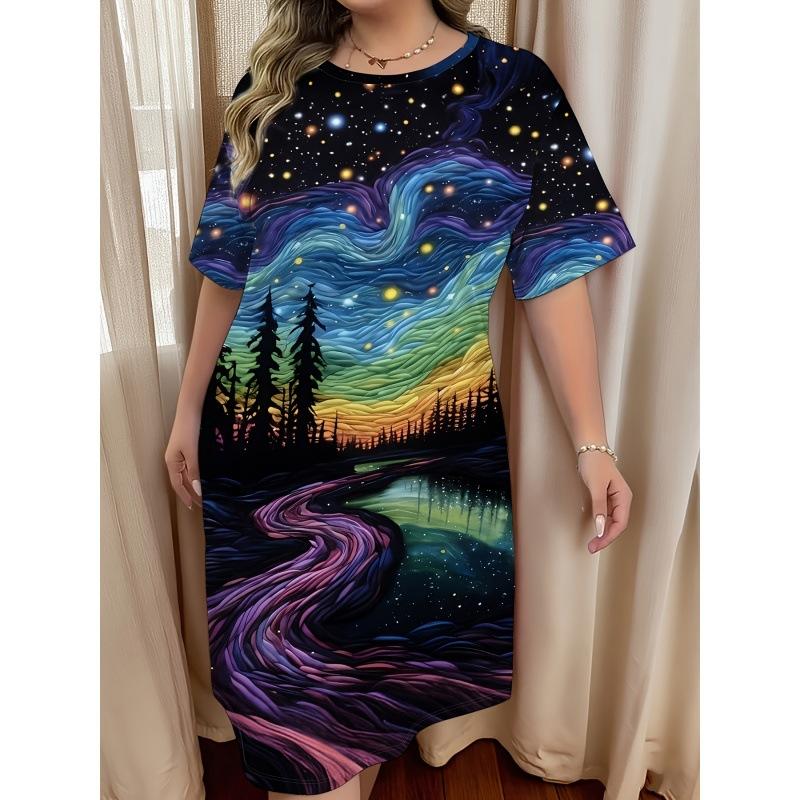 3D Print Dress Ladies Pajamas Floral Cat Printed Short Sleeve Large Size T-Shirt Going Out & Home Wear Ladies Pajamas