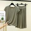 Plus Size M To 6XL Modal Casual Pajamas Sets V-Neck Sleeves Tshirts with Drawstring Ruffle Trim Cropped Pants High Waist Loose Fit Lounge Sets
