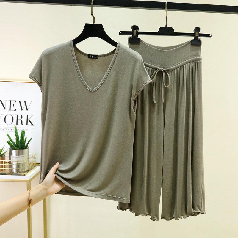 Plus Size M To 6XL Modal Casual Pajamas Sets V-Neck Sleeves Tshirts with Drawstring Ruffle Trim Cropped Pants High Waist Loose Fit Lounge Sets