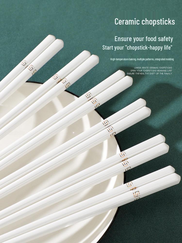 10 Pairs of High-Temperature Fired Gold Ceramic Chopsticks - Fade and Deform Resistant Bone China for Household Use