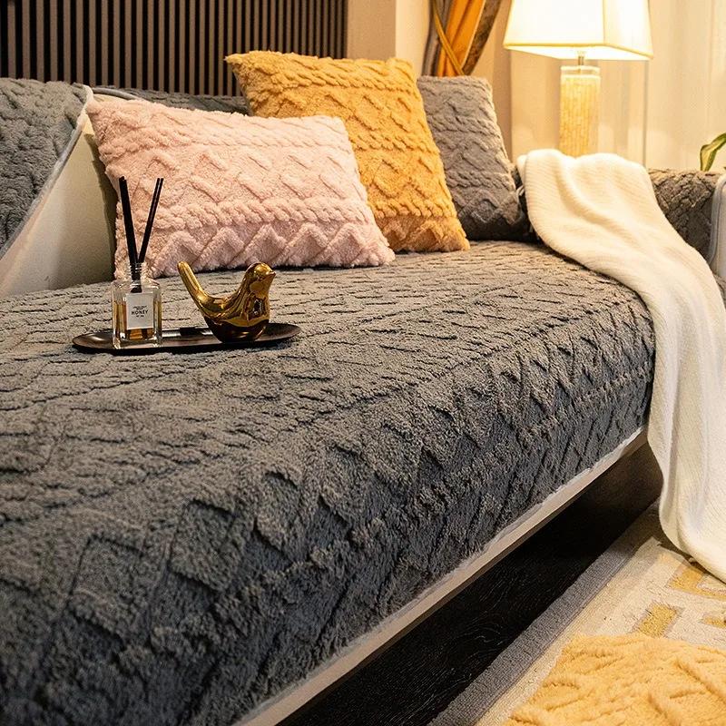 Striped Plush Sofa Cushion Non-Slip Warm Winter Universal Sofa Covers for Living Room Modern Simple Couch Slipcovers Home Decor