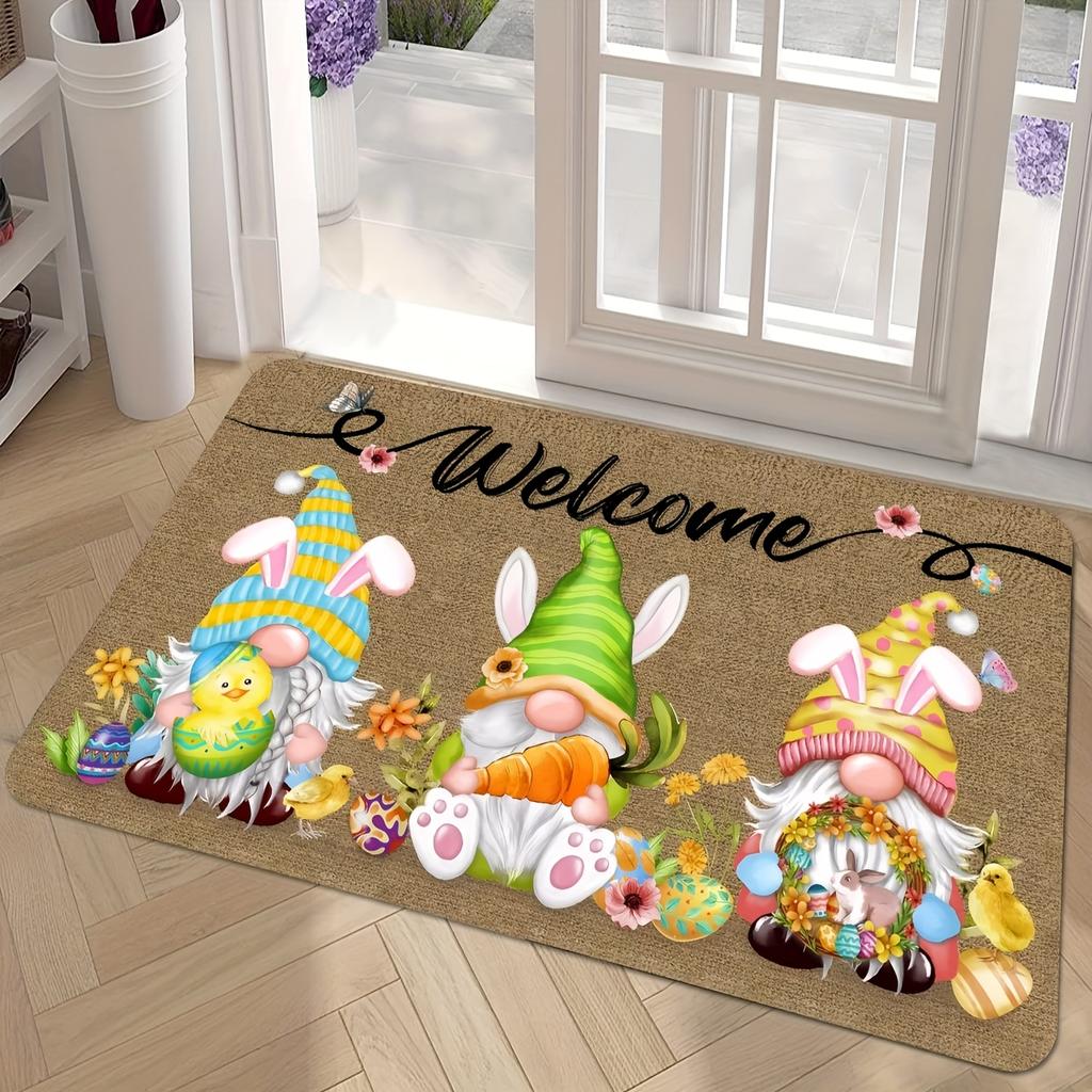 Easter Bunny Dwarf Welcome Doormat, Polyester Non-Slip Machine Washable Rug for Kitchen Bathroom Dining Room Entryway Decor