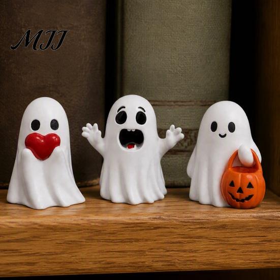 Unique Home Accents Halloween Cute Ghost Figurine, Small Red Heart Pumpkin Bucket Statue, Decorative Figurines for Shelf Resin Funny Ornament