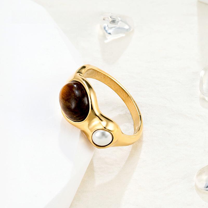 Retro Pearl Natural Stone Ring, Female Niche Popular Stainless Steel Color-plated Ring Jewelry