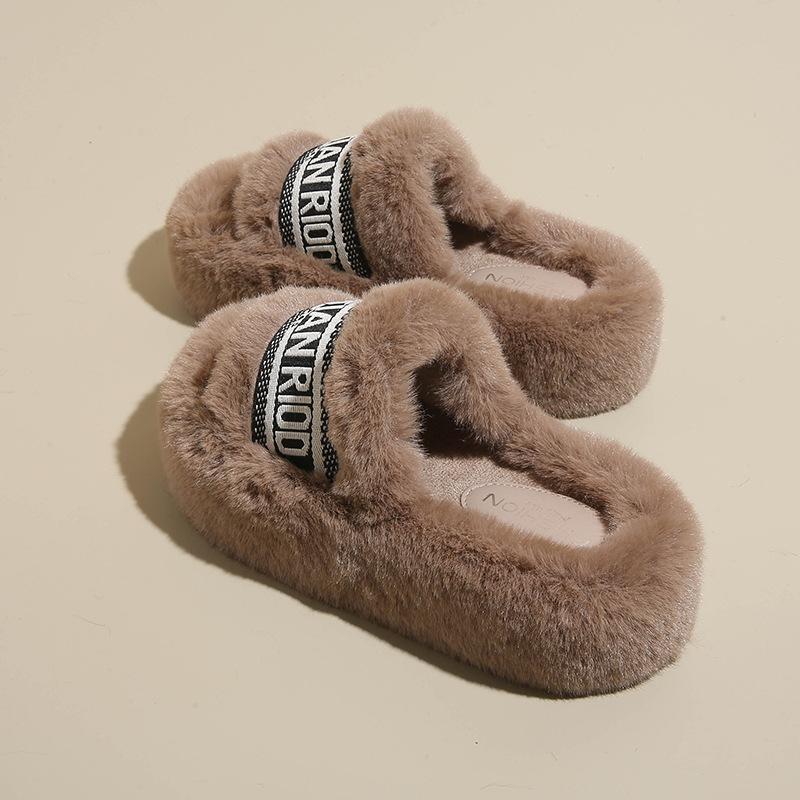 Thick Bottom Heightening Fluffy Slippers Women's Autumn and Winter Velvet Outer Wear 2025 New French Beautiful Letter Soft Bottom Cotton Mop