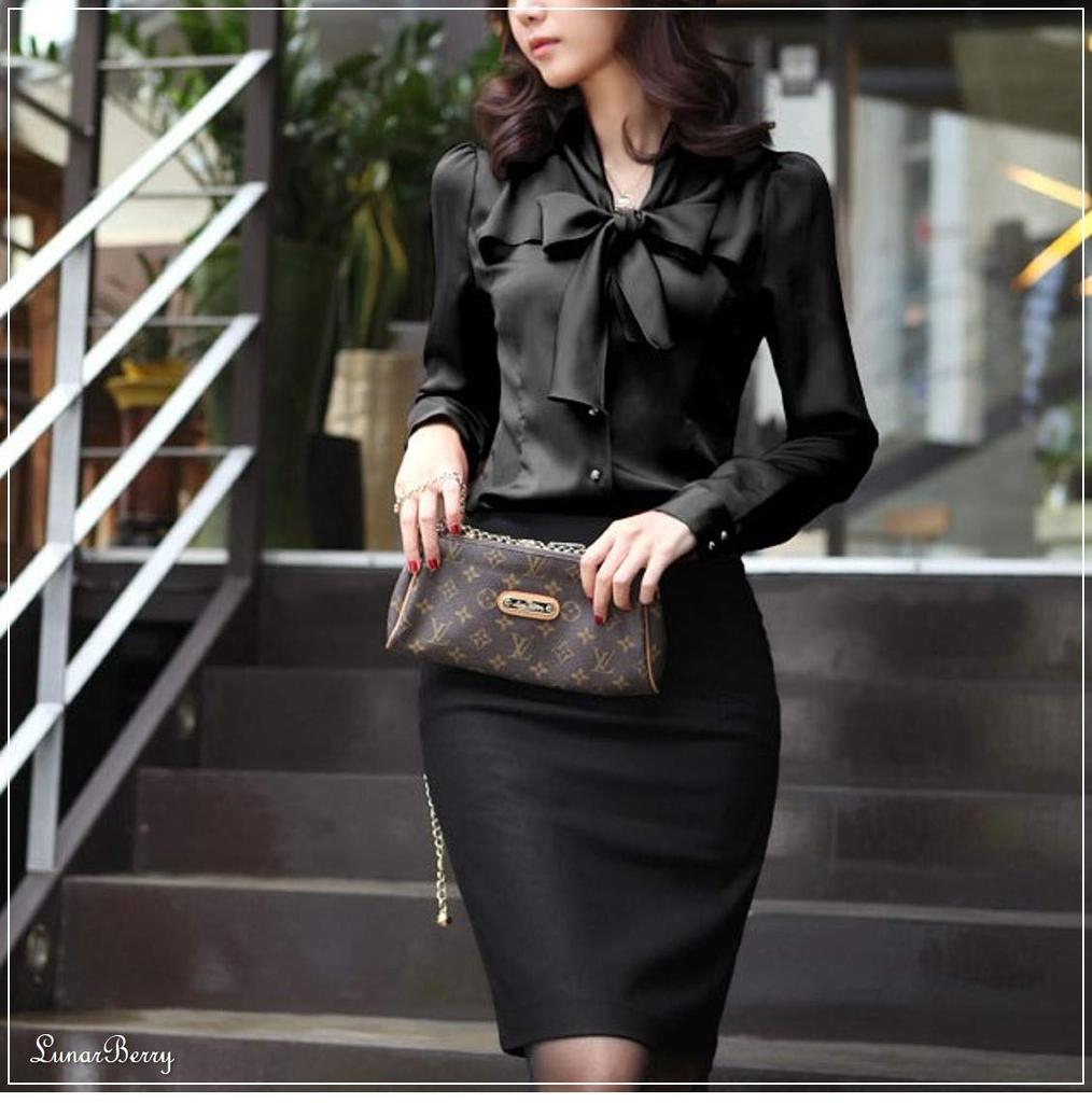 Lunar Berry 3803 Long Sleeve Satin Blouse with Ribbon Perfect for Office Features a ribbon tucked and a simple (M, Black) - Tie, Wear. collar, hem,