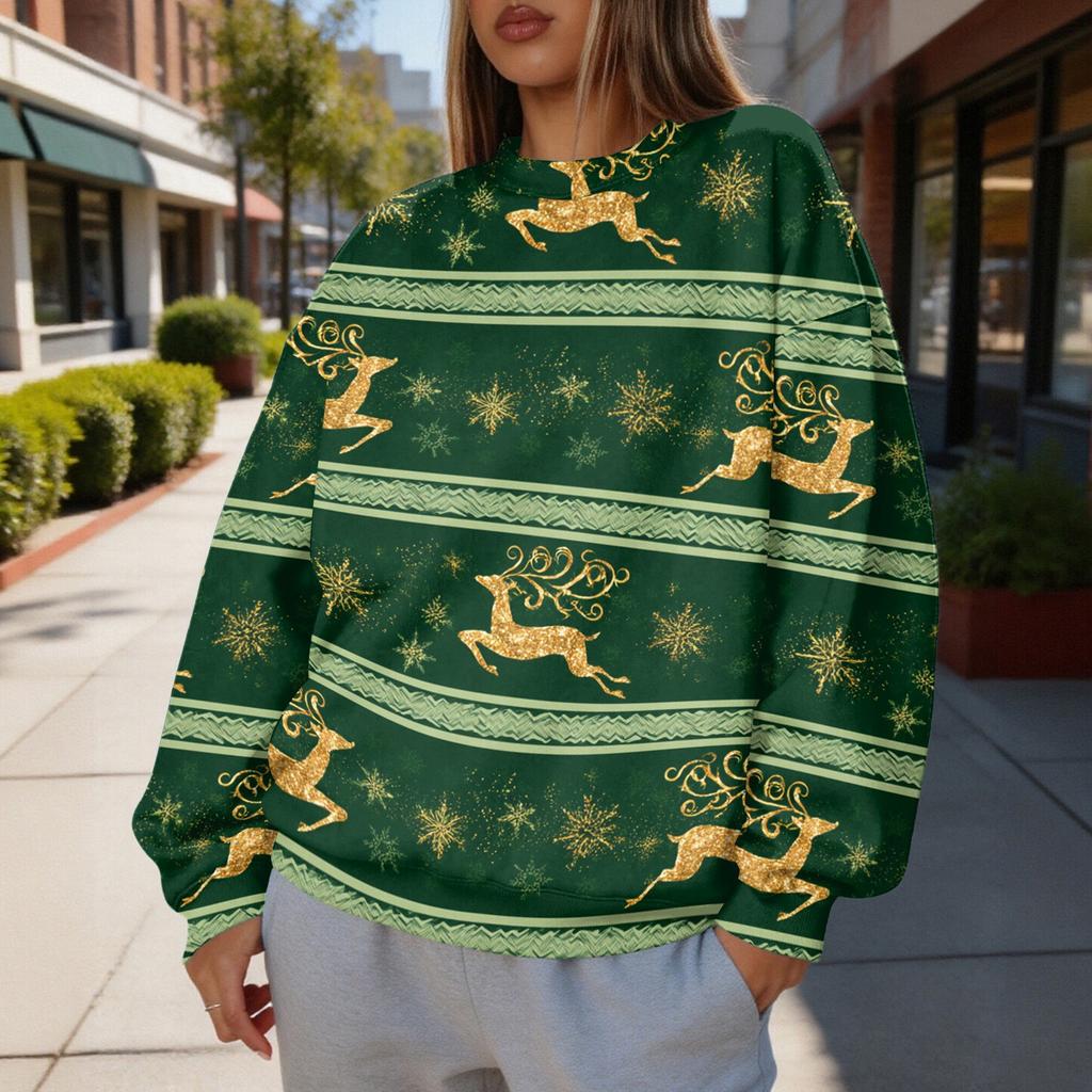 Women's Christmas Print Crewneck Sweatshirt Lightweight Casual Pullover for Holiday