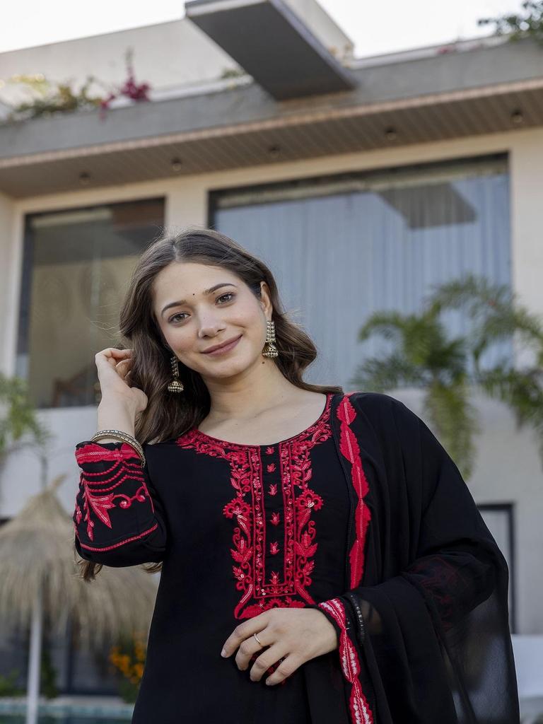 Black Embroidered Kurta Set for Women Ethnic Suit with Dupatta Party Wear
