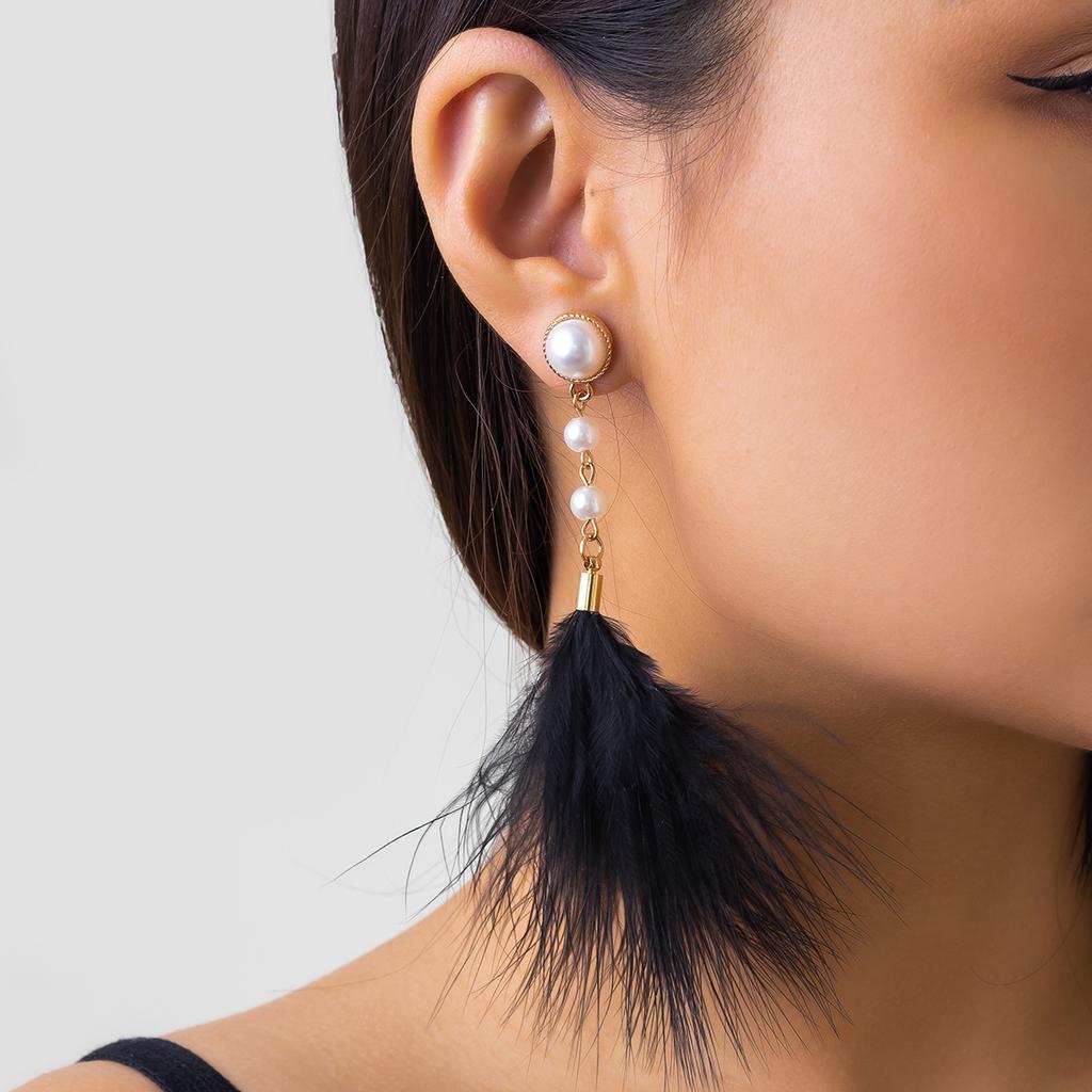 Temperament Feather Fringed Imitation Pearl Earrings, Retro Style Personality Simple Niche Stud Earrings For Women