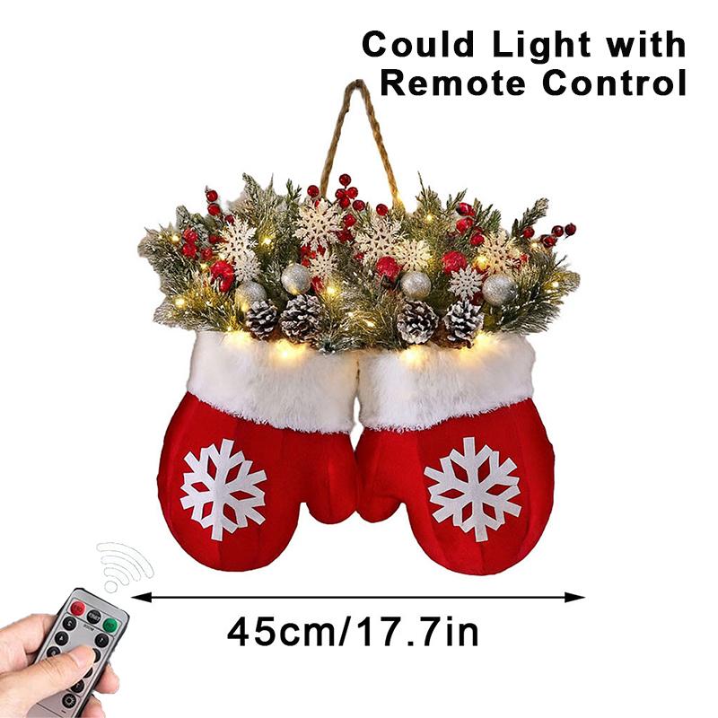 Twinkling Christmas Mitten Wreath With 120 LED Lights & 10H Auto Timer,Christmas Wreath Front Door Artificial Garland