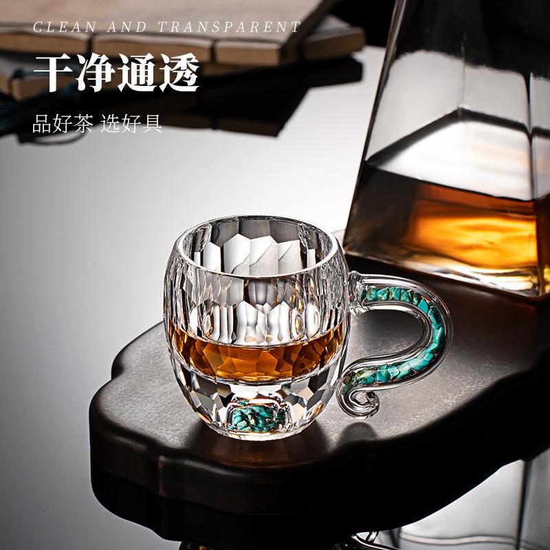 High-grade turquoise teacup women's thickened faceted high-value office teacup crystal glass teacup tea cup