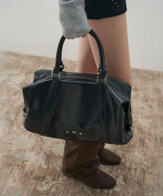 Leathery Boston Bucket Tote Crossbody Bag [Black]