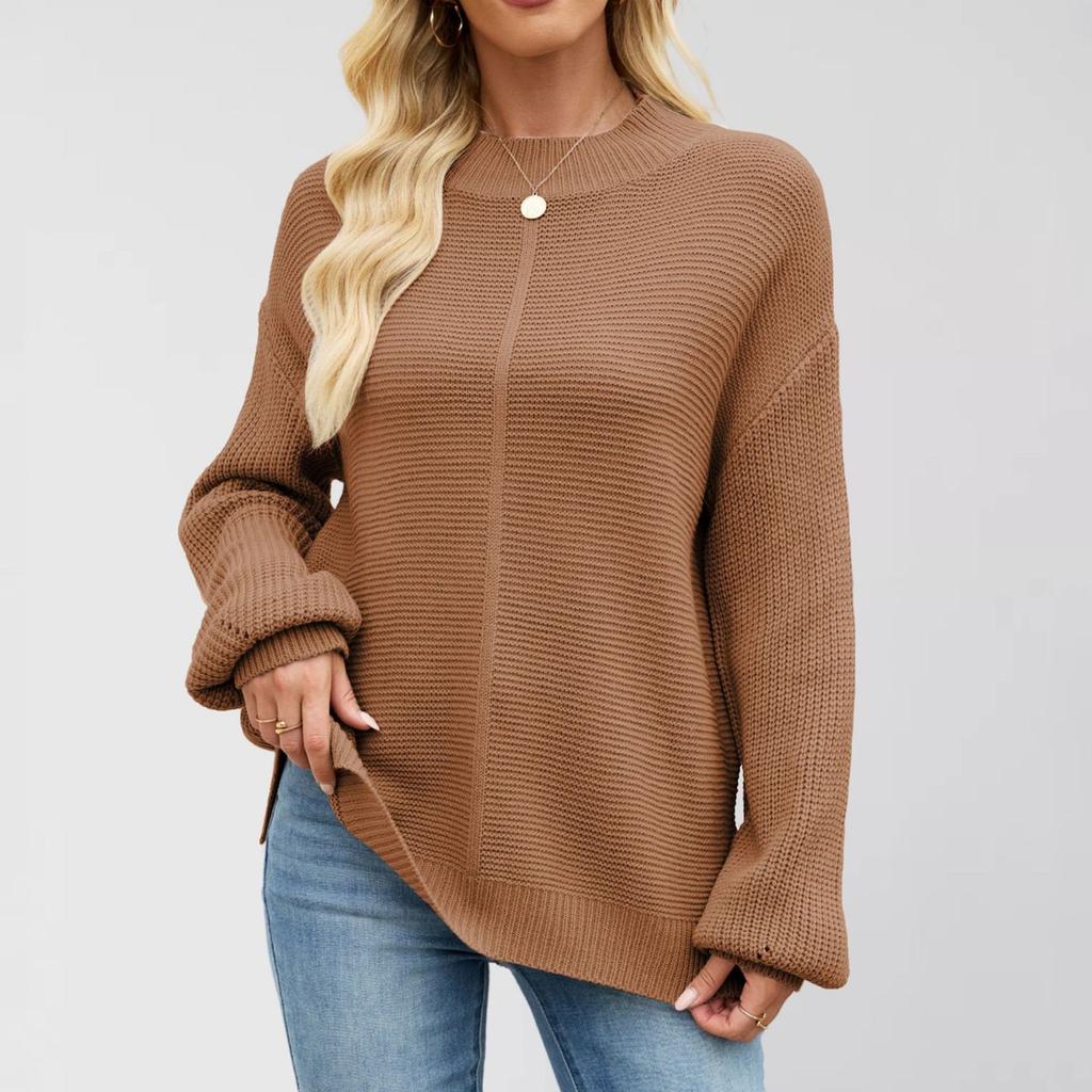 Women's Round Neck Long Sleeve Casual Loose Knit Solid Color Soft Pullover Sweater Top
