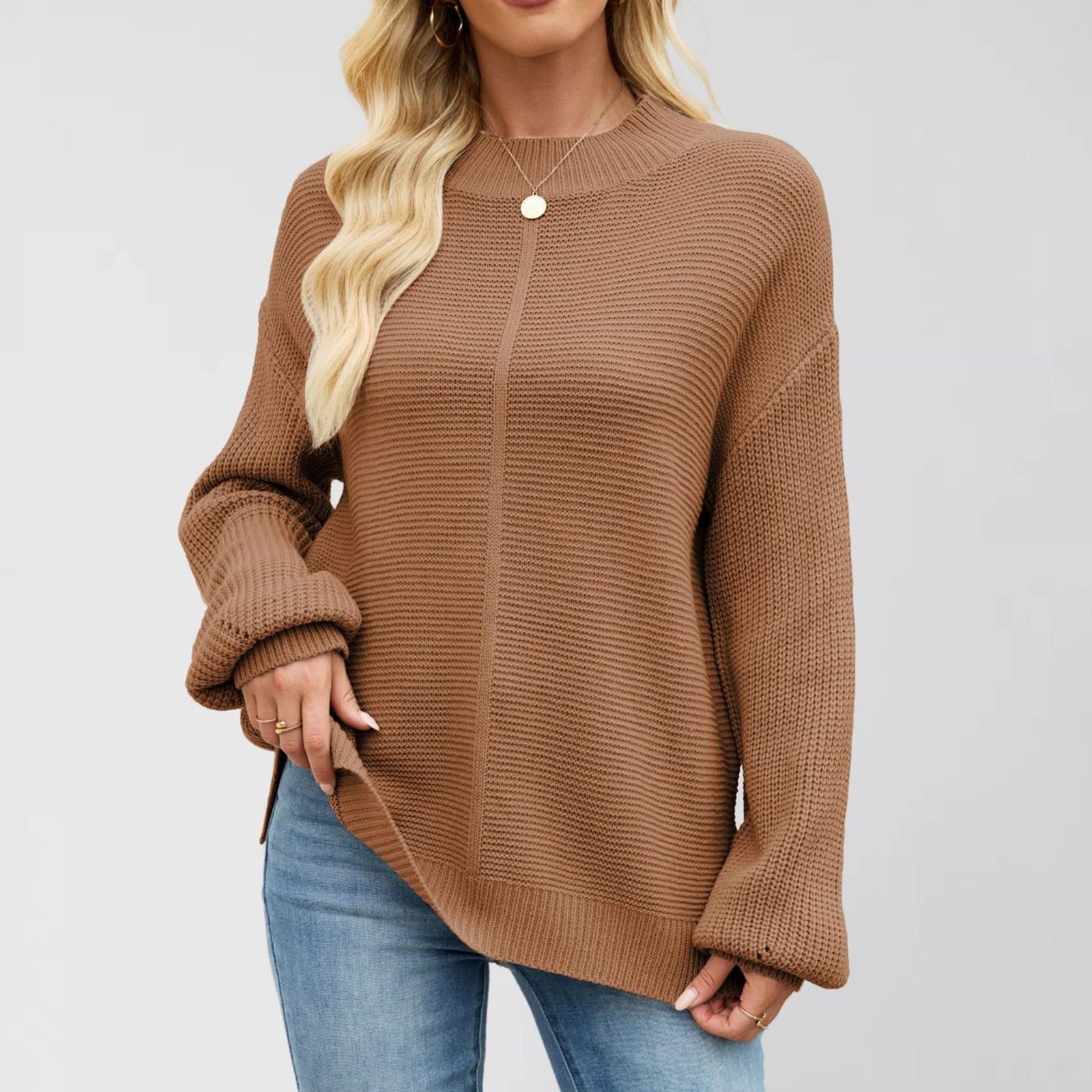 

Женский пуловер с круглым вырезом, длинными рукавами, повседневный, свободного кроя, вязаный, однотонный, мягкий M кофейный