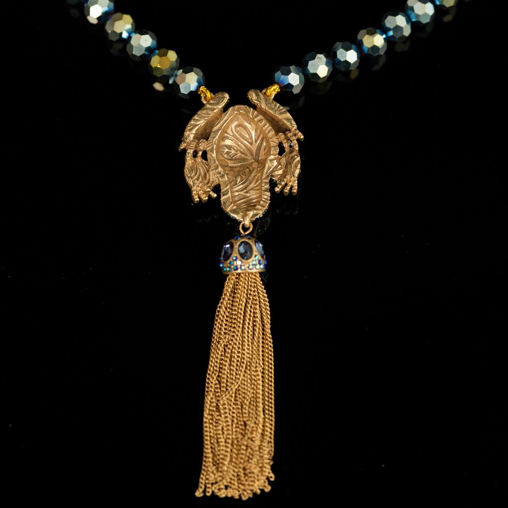 Mittelalterlich Vintage Kupferlegierung Hohes Gefühl Designer Blau Kleines Tier Frosch Voll Diamant Quaste Halskette Weiblich