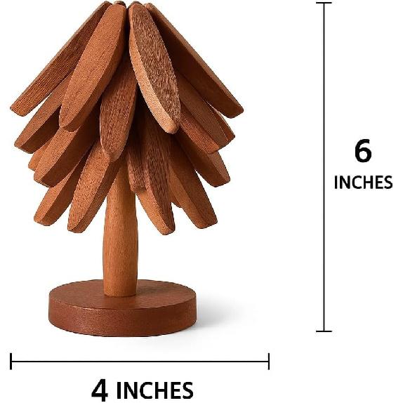 Wooden Trivets for Hot Dishes, Tree Shape Trivet Set, 4 Walnut Wood + 1 Stand for hot Dishes, Foldable Kitchen Wooden Trivet (Walnut)