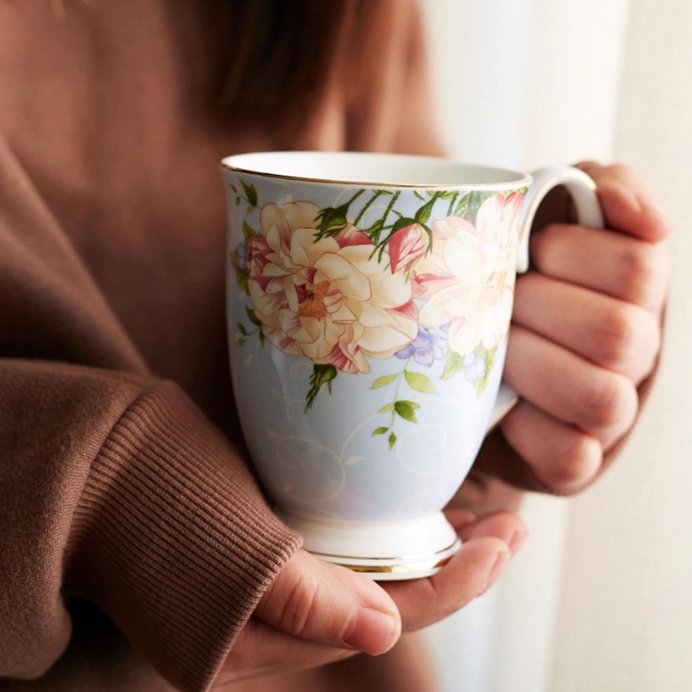 300ml Bone China Coffee Mugs- Blue Pink Elegant Floral Tea Mug with Gold Trim, Large Capacity Ceramic Cup for Coffee Tea and Milk for Home Office