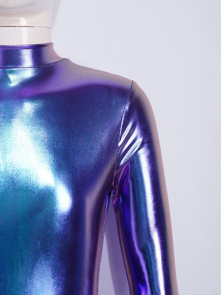 Long Sleeve Front Zip Metallic Footed Bodysuit for Girls Shiny Unitard Jumpsuit Stage Performance Dance Competition