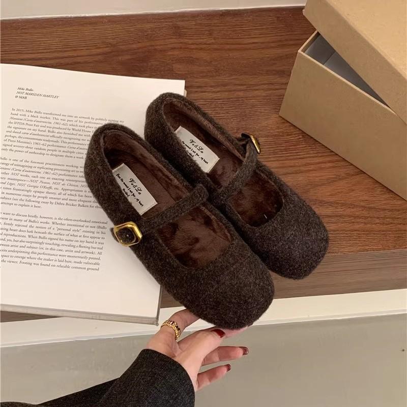 Fairy Foreign Style Fluffy Shoes Female Winter Wear French Evening Temperament Women Velvet Mary Jane Single Shoes Flat Cotton Shoes