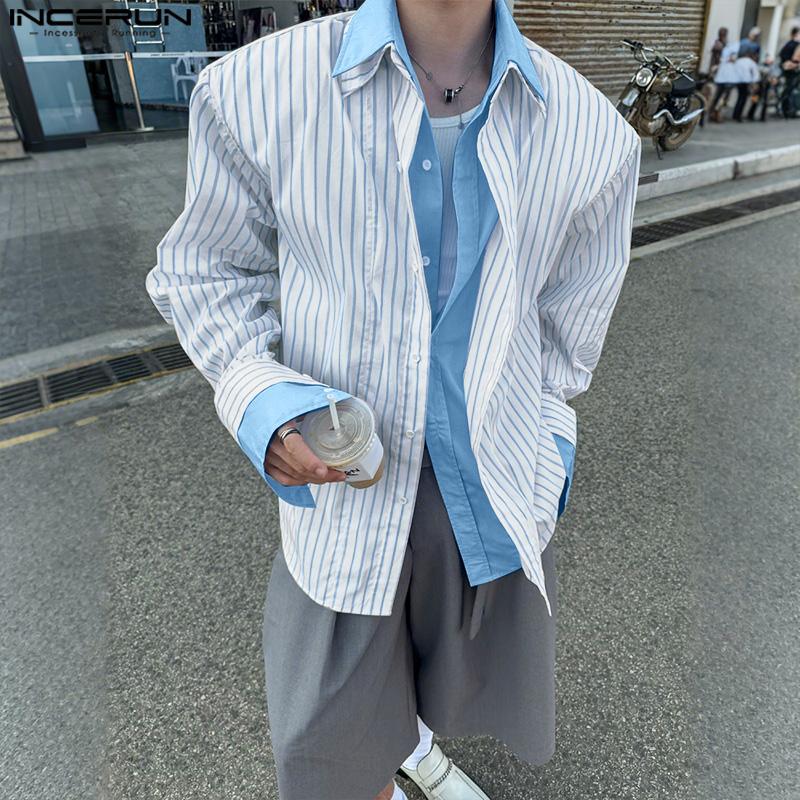 INCERUN Men's Lapel Long Sleeve Fake Two-piece Striped Print Button Up Shirts Tops