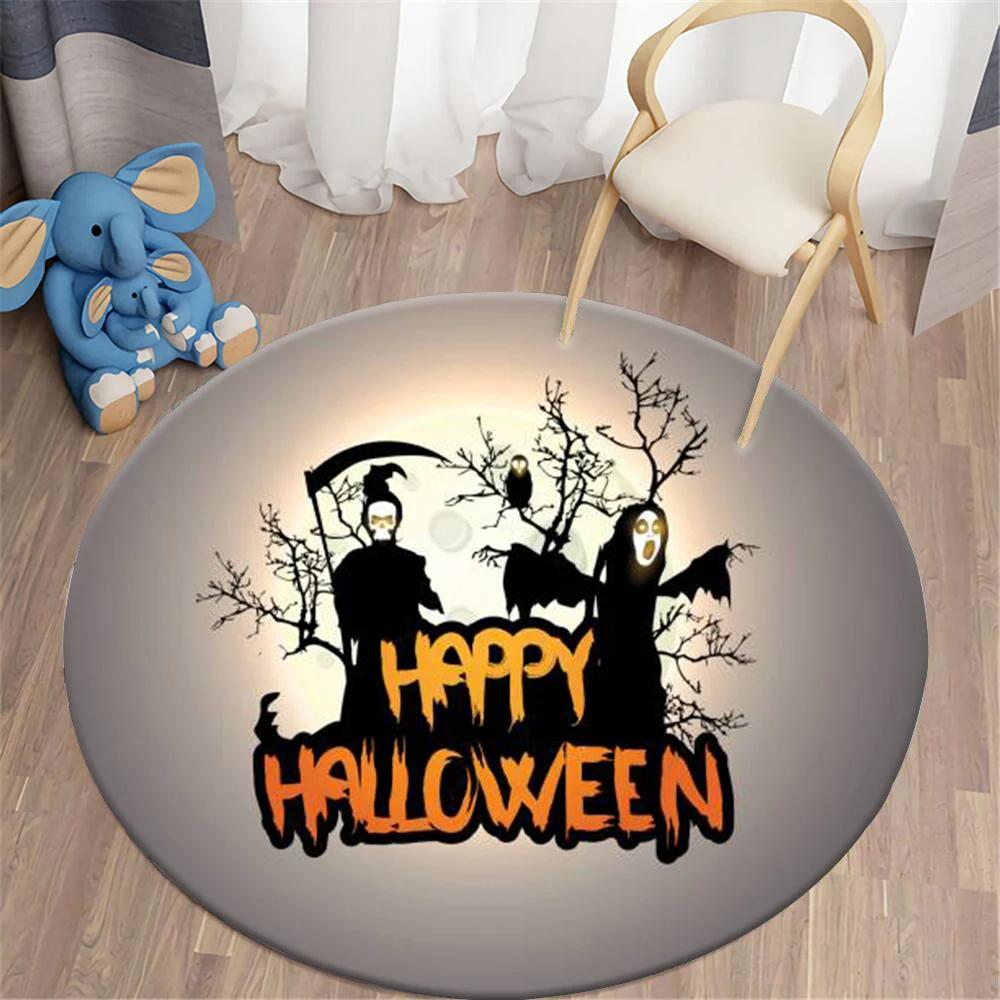 Halloween Round Carpet Magic Pumpkin Demon Bat Graphic Print Rug For Living Room Table Chair Decor Non-slip Circle Floor Mats