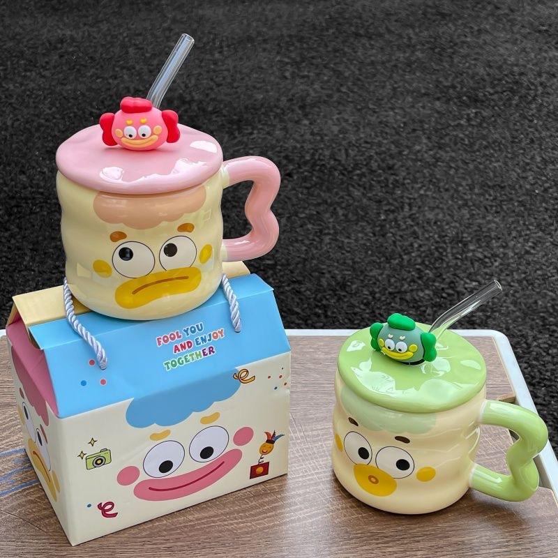 Funny Clown Mug High looking Ceramic Cup with Lid Spoon Couple Drinking Water Cup for Girls Birthday Gift Retro