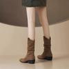 Cowboy Boots Women's Autumn Pile Pleated Boots Pointed Retro Thick Heel Medium Boots Short Boots