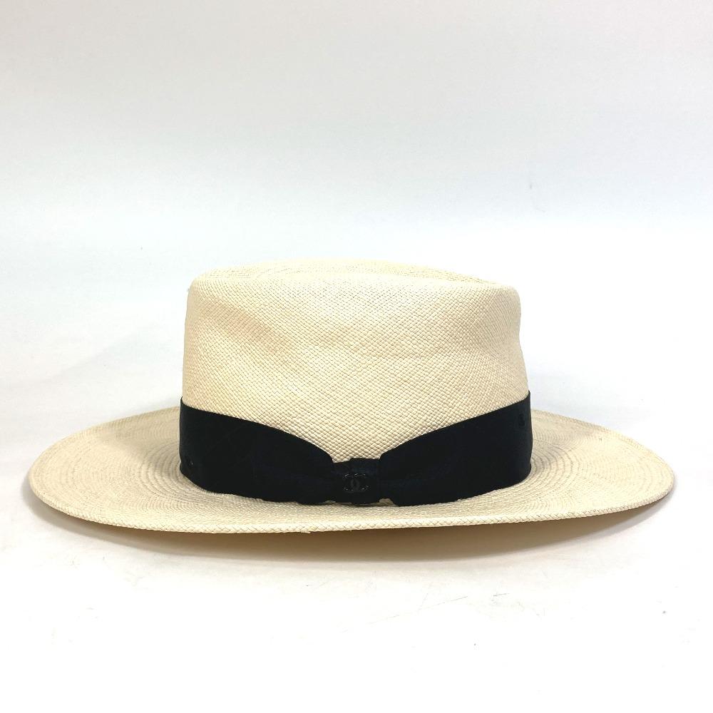 CHANEL CC CC Mark Grosgrain Ribbon 19V hat straw hat straw Beige/Black