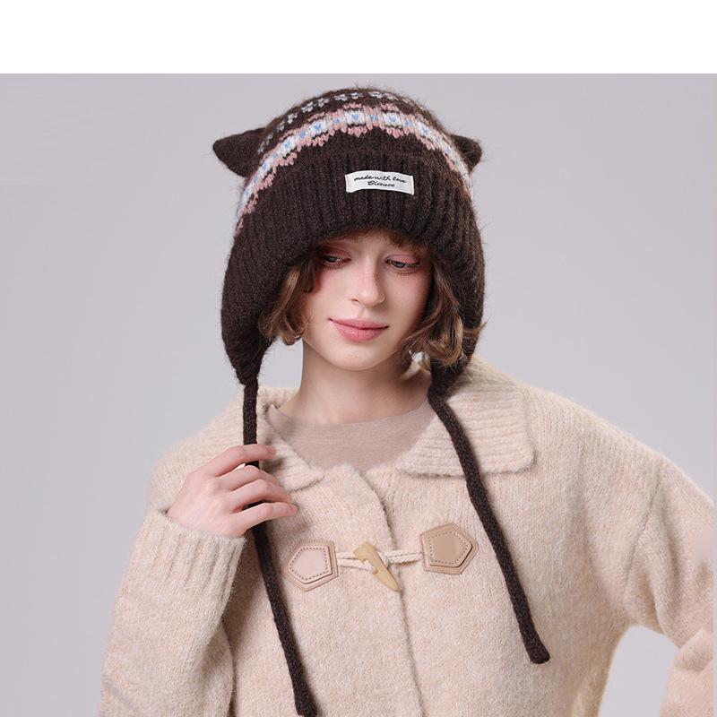 

Осенне-зимняя мультяшная вязаная шапка с кошачьими ушками для женщин, уличная шерстяная шапка кофейный