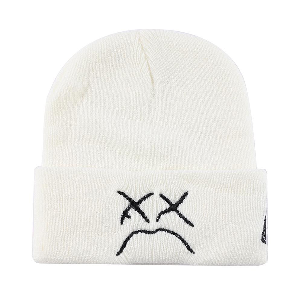 

Вязаная шапка-бини с вышивкой «Европа и Америка» - Дизайн «Плачущее лицо», Защита ушей на осень/зиму, Теплая, Универсальная шапка-пуловер в уличном стиле белый