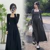 French Chic Long Sleeve Dress With Spliced Knitted Fabric For Autumn Fashion