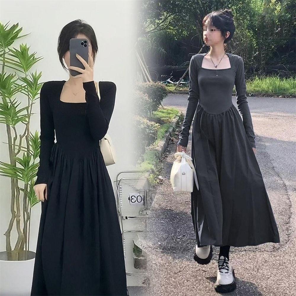 French Chic Long Sleeve Dress With Spliced Knitted Fabric For Autumn Fashion