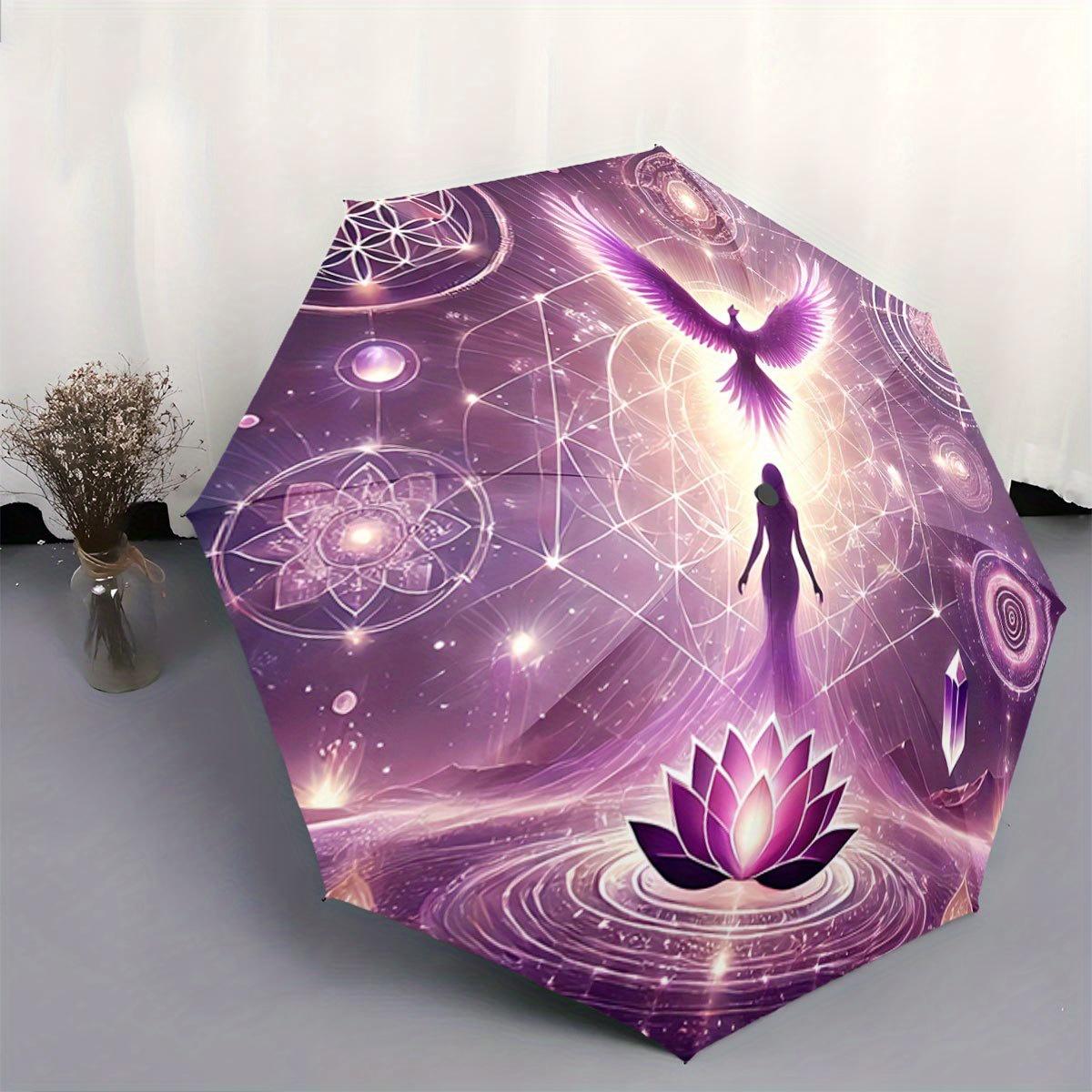 

Automatic Folding Umbrella with Purple Fantasy Design - Phoenix, Woman & for Lotus Flower Art, 8-Rib Durable Frame, Compact Tr Iron&8K
