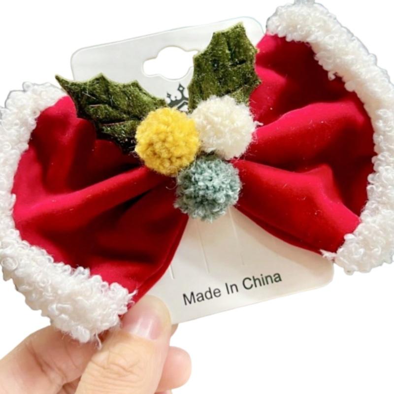 1PC Christmas fresh butterfly bow hair clip, paired with lamb wool ball, cute Christmas hair clip accessories