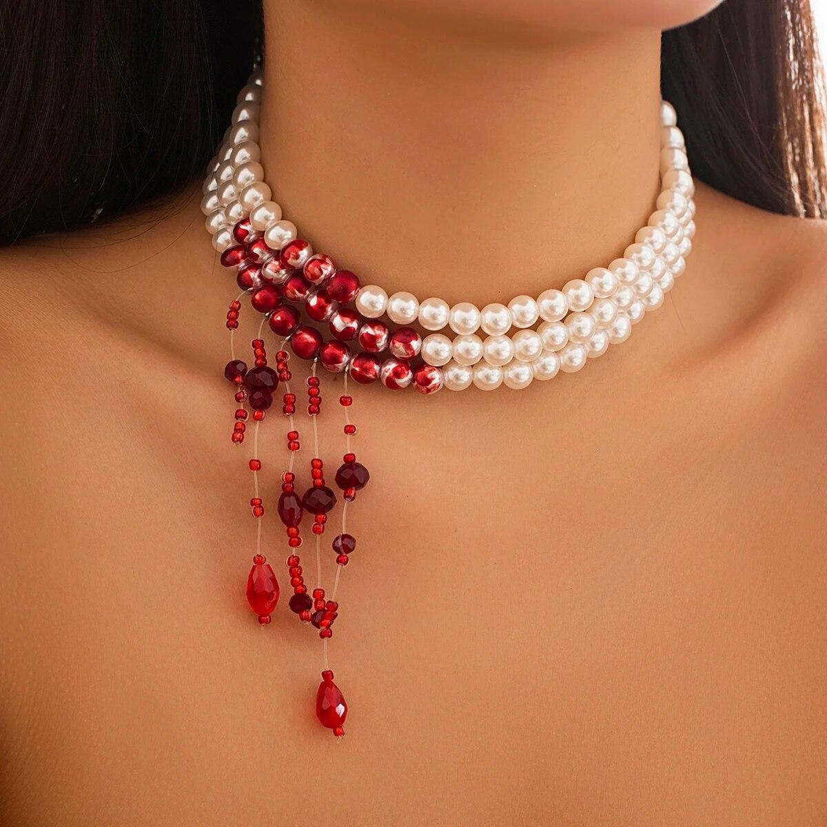 

Multilayer Vintage Red Blood Pattern Imitation Pearl Tassel Pendant Necklace for Women Goth Crystal Bead Chain Halloween Jewelry