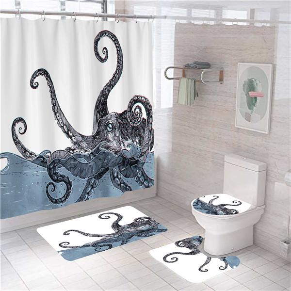 Krakens Rideau De Douche Motif Pieuvre Nautique Noir - Rideaux De