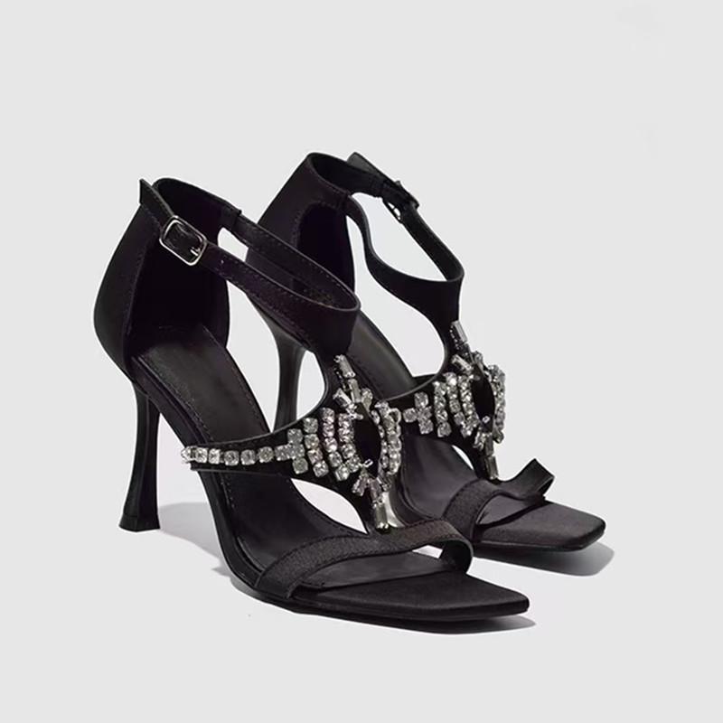 

Fashion Luxury Gemstones Rhinestones Narrow Band Women Gladiator Sandals Fashion Ankle Strap Thin High heels Summer Party Shoes Sandals 35 чёрный