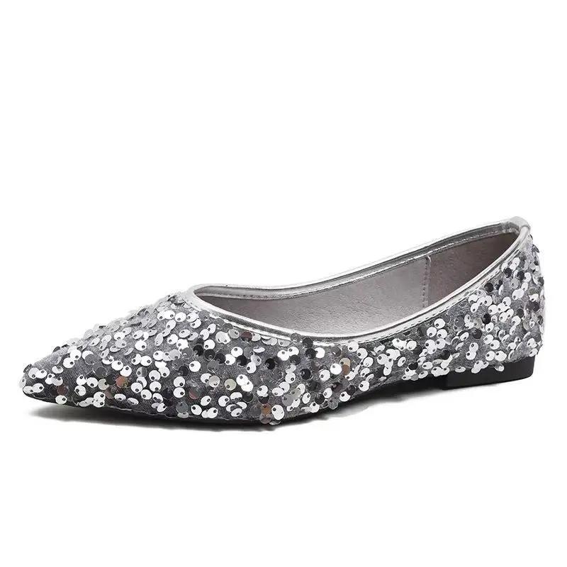 Fashion Women's Flat Shoes Pointed Toe Silver Elegant Party Black Ladies Footwear Low Heel Luxury Brand Fashionable Slip On Promotion 39