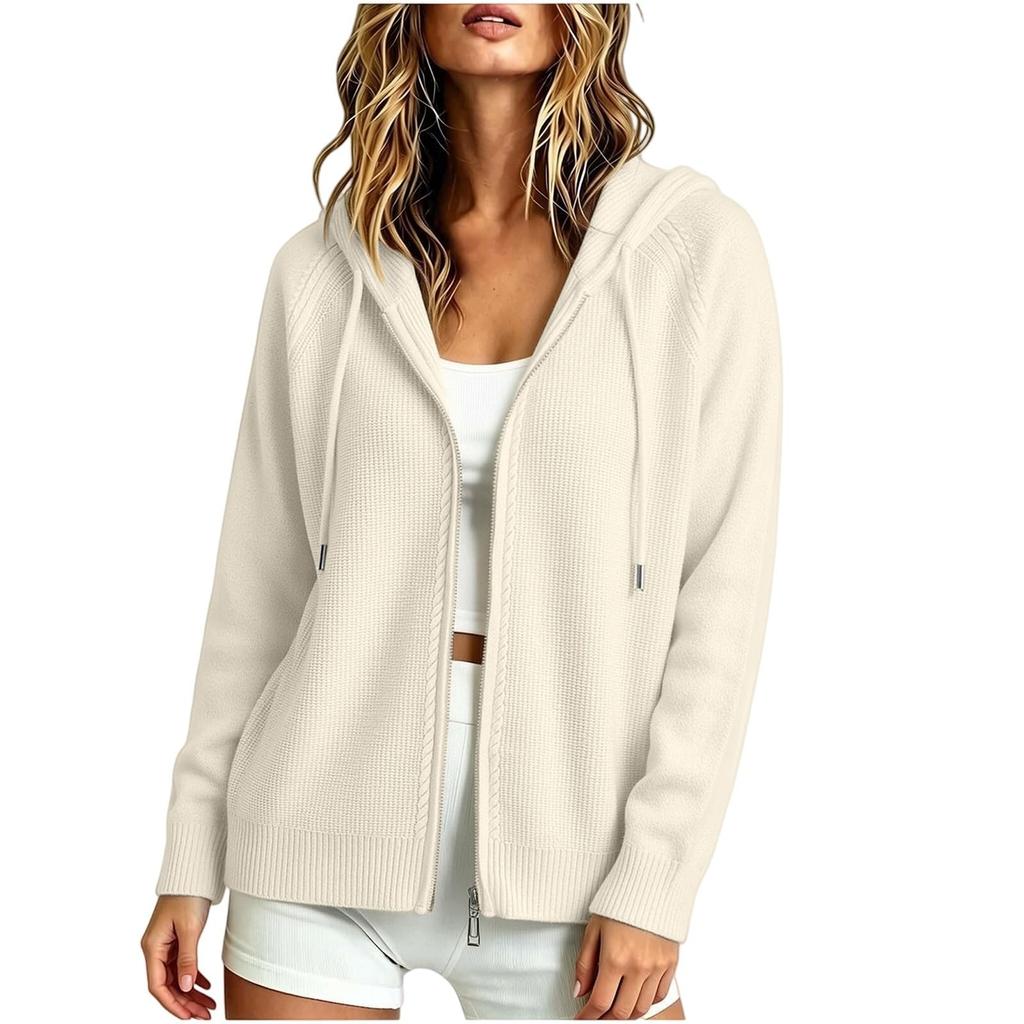 Women's Zip-Up Hooded Knit Cardigan Top for Layering