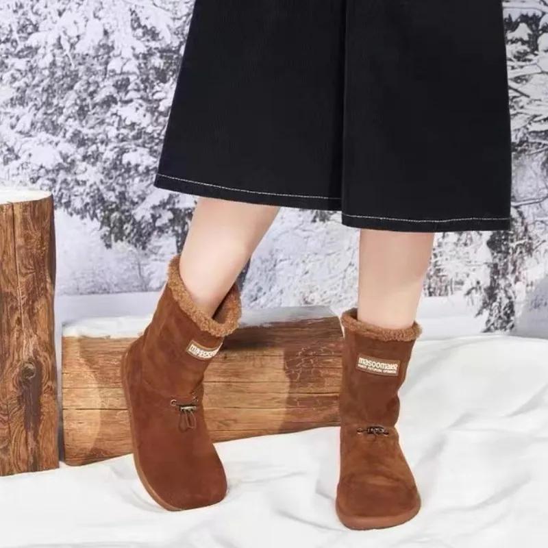 Modische Wildleder Schneestiefel Damenschuhe Winter Mittelhohe Stiefel Outdoor Mit Samt Gefütterte Damen Rutschfeste Baumwollschuhe Warme Flache Damenstiefel