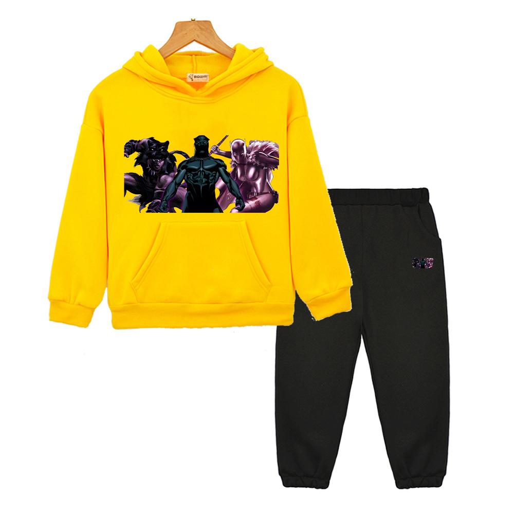 Autumn Black Panther Hoodie Fleece Sweatshirt Kawaii Jacket 2pcs pullover+Pant Boy Girls Hooded Spors Sets Kids Boutique Clothes