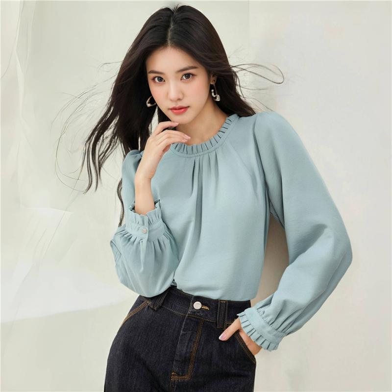 Chic va Shirin Keng Bluzka Frill Qirralari bilan Elegant Koreys Uslubidagi Uzun Yengli Top