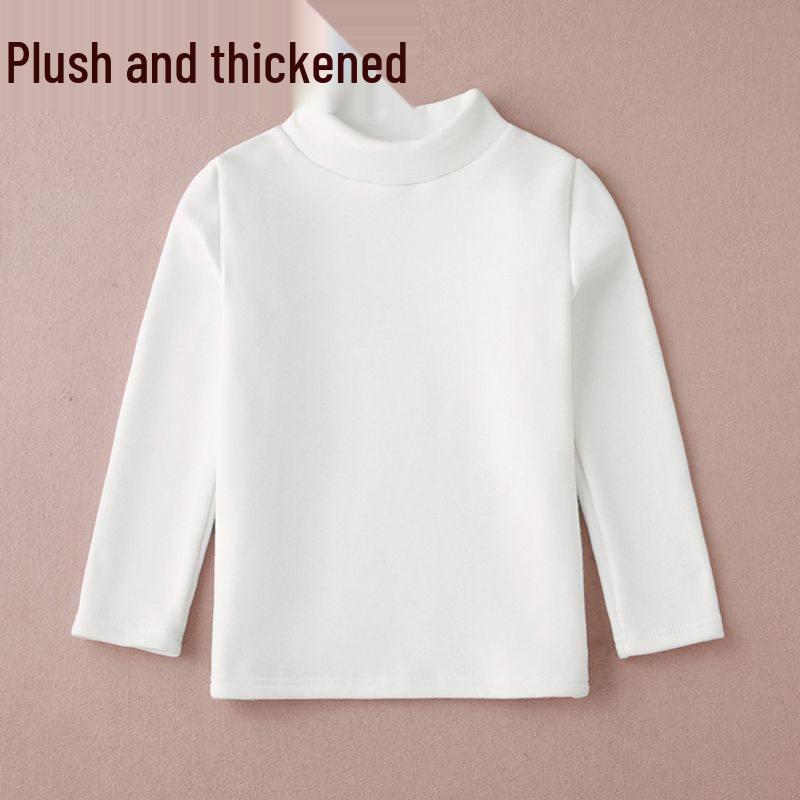 

Kids White Fleece-Lined Cotton Base Layer T-Shirt - Long Sleeve, Mid-Neck, Unisex, Thick and Warm. Size 150