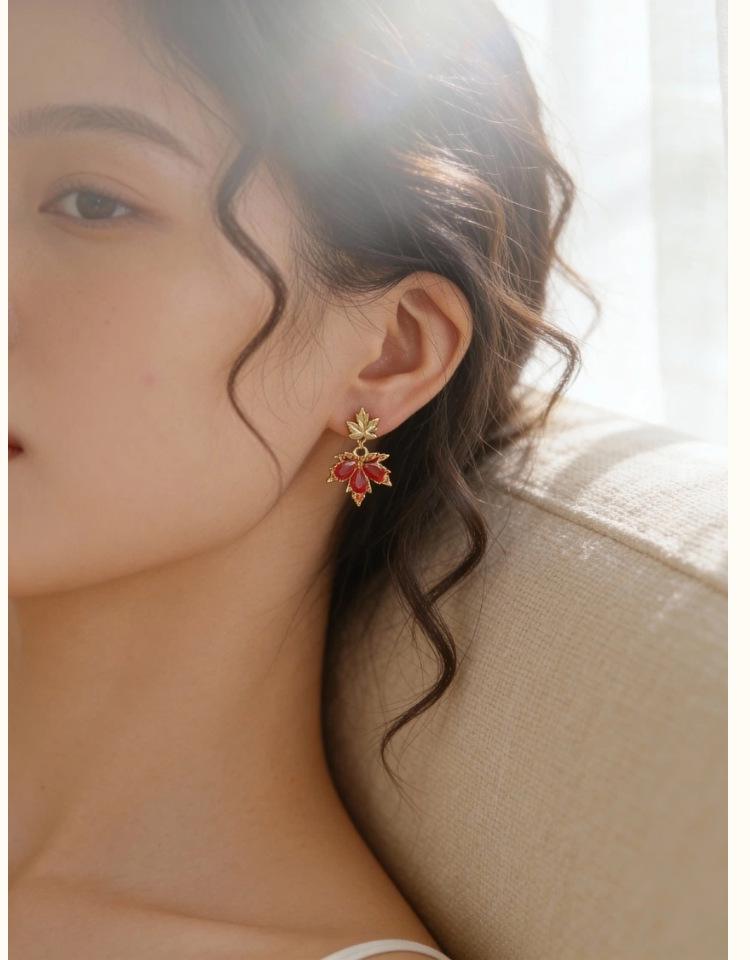 18k Gold Double Maple Leaf Stud & Ear Cuff Earrings for Women