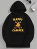 Plus Size "Happy Camper" Hoodie with Campfire Graphic - Black Casual Loose Fit Long Sleeve Sweatshirt