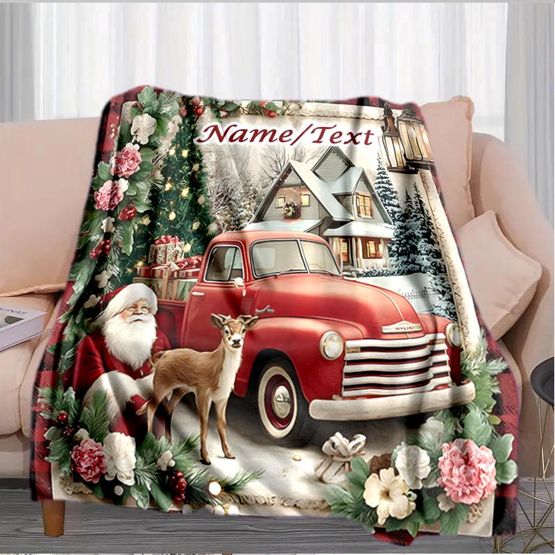1PC Custom Name Christmas Vintage Truck Scene outdooor Flannel blankets Throw Blanket All-Season Throw Gift Bedspread for Couch, Bed, Camping Holiday 