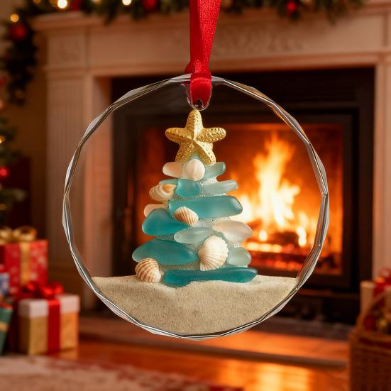 Sea Glass Christmas Ornaments Handcrafted Coastal Xmas Tree Ornament with Starfish Seashell Decor for Sea Lovers Holiday Party Decor