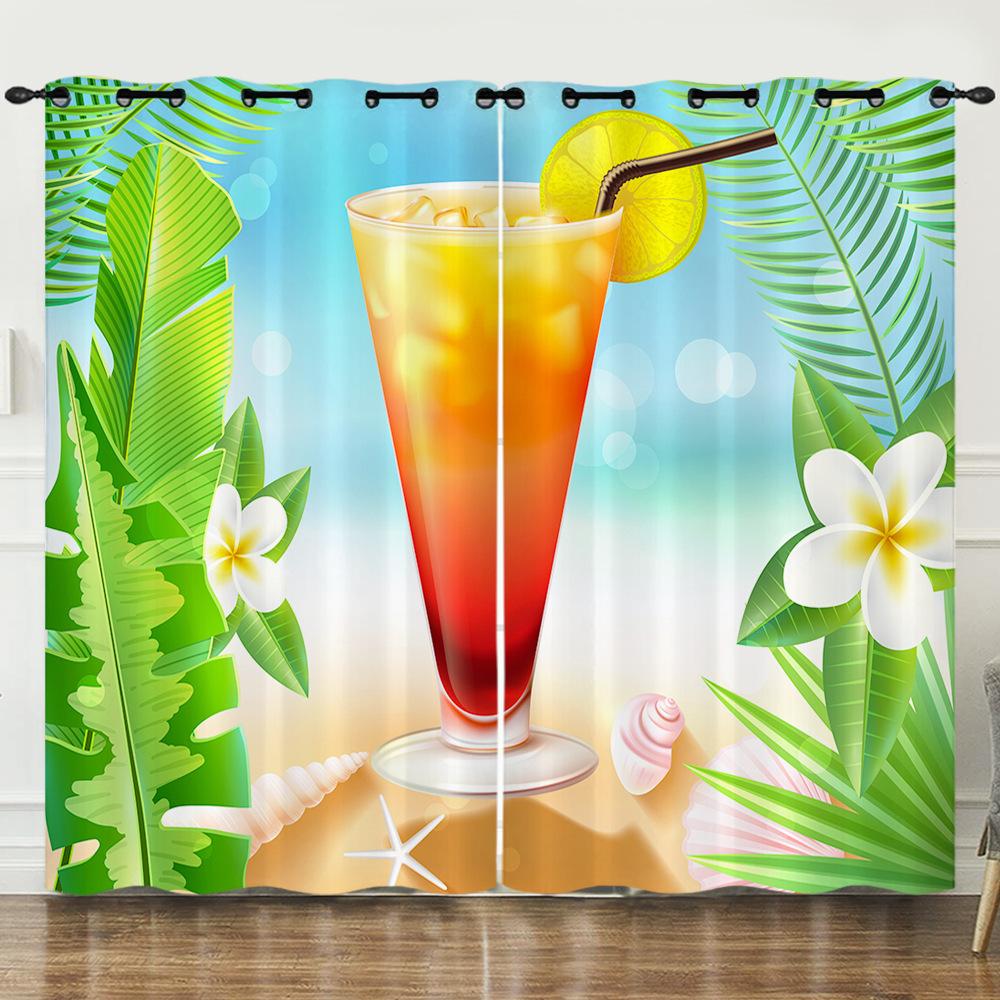 Curtains Summer Vitality Orange Beach Digital Printing Blackout Curtain Punching