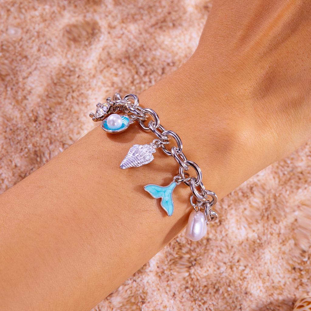 Ocean Starfish Shell Conch Charm Bracelets for Women Delicate Chuny Chain Imitation Pearl Fishtail Bracelet Wristband Jewelry